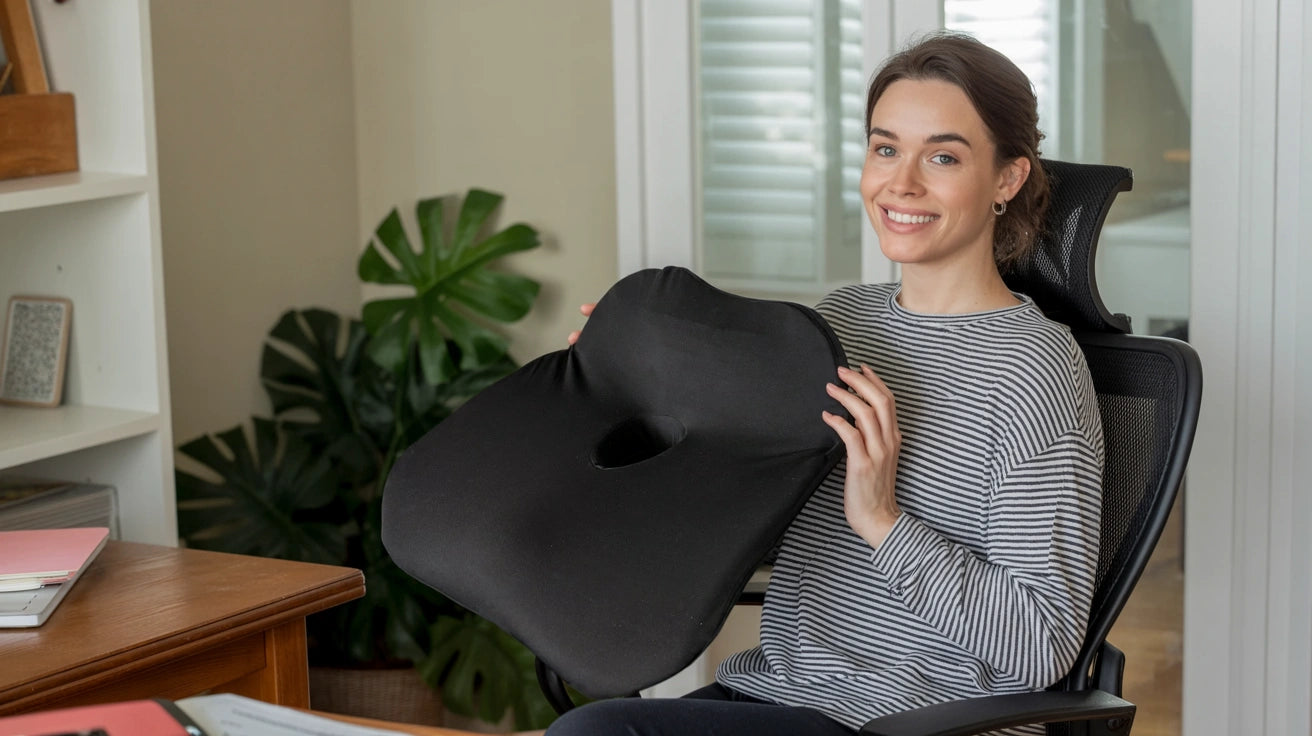 Woman sitting in a black office chair, holding a posture cushion- Soothe- in an indoor setting with plants and a desk.