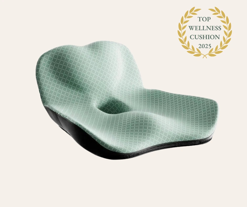 Green posture (seat) cushion, Soothe, with 'Top Wellness Cushion 2025' award on a white background