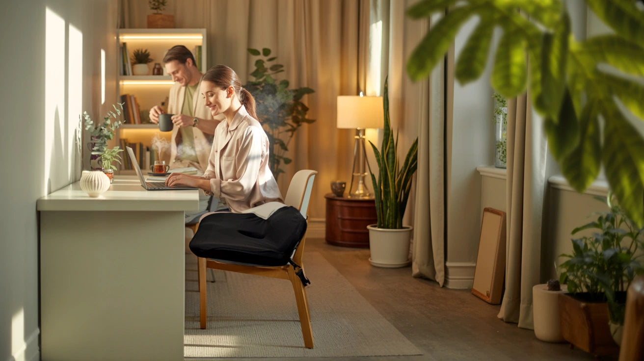 Soothe, posture cushion visible on a classic chair. Woman sitting at a desk with a man standing behind her in a home office setting.