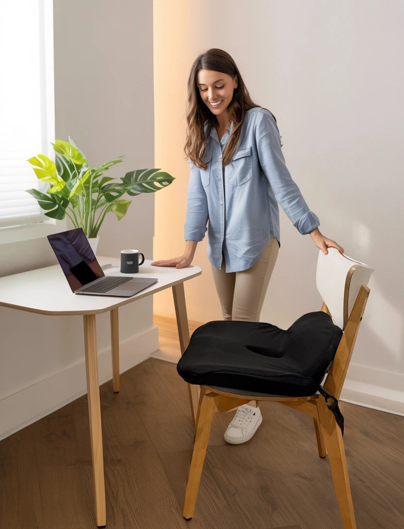Woman adjusting a black posture (seat) cushion, Soothe, on a chair next to a small table with a laptop and mug.