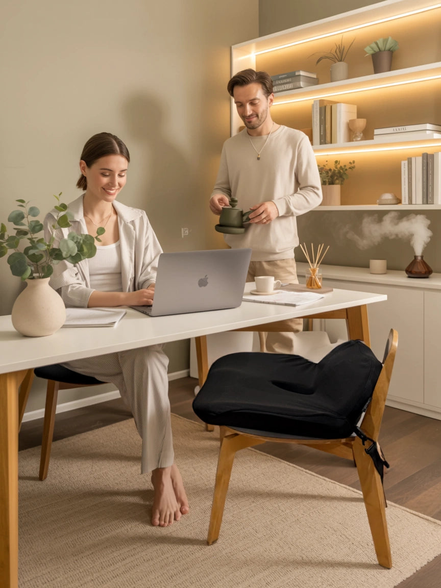 Woman using a laptop at a desk with a man standing behind her, in a home office setting. A black posture (seat) cushion, Soothe, is at the forefront.