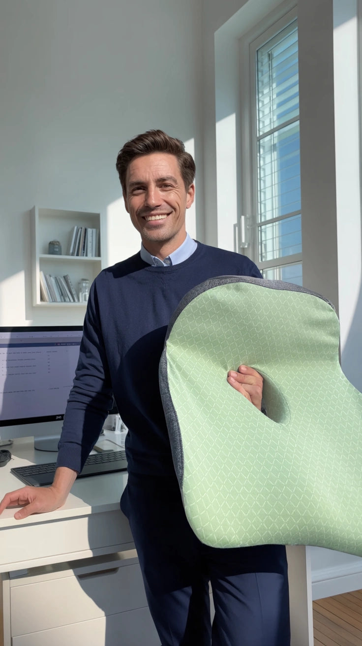 Man holding a green posture cushion(seat cushion) -Soothe- in a bright room with large windows.
