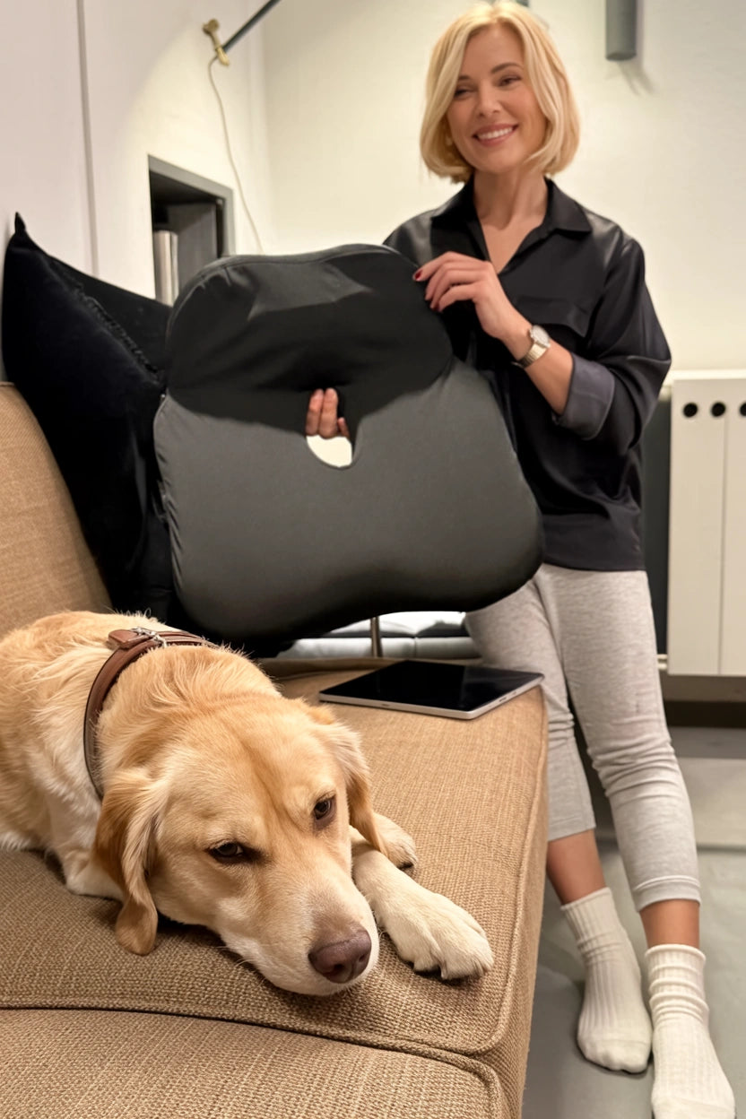 Woman holding a black posture cushion, Soothe, with a dog lying on a couch inside a home.