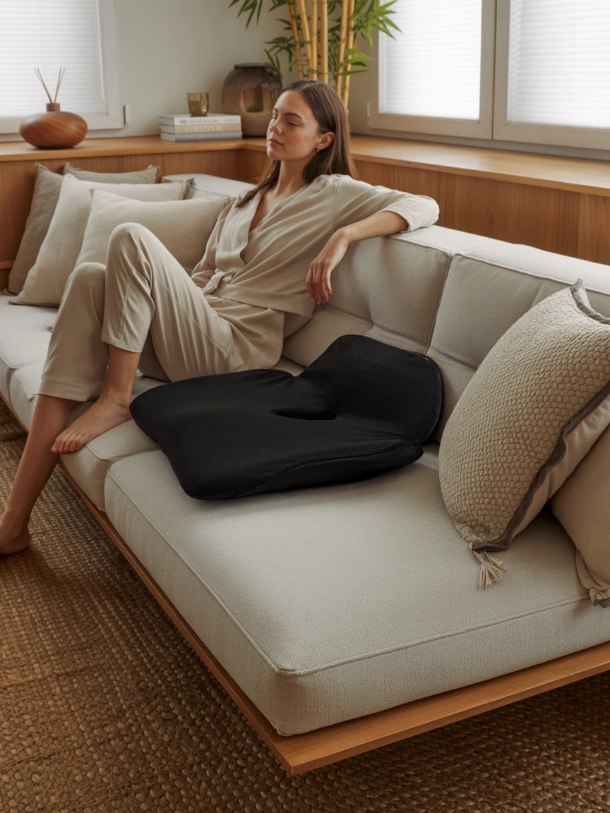 Woman sitting on a beige sofa with a black posture cushion, Soothe, in a cozy living room setting.
