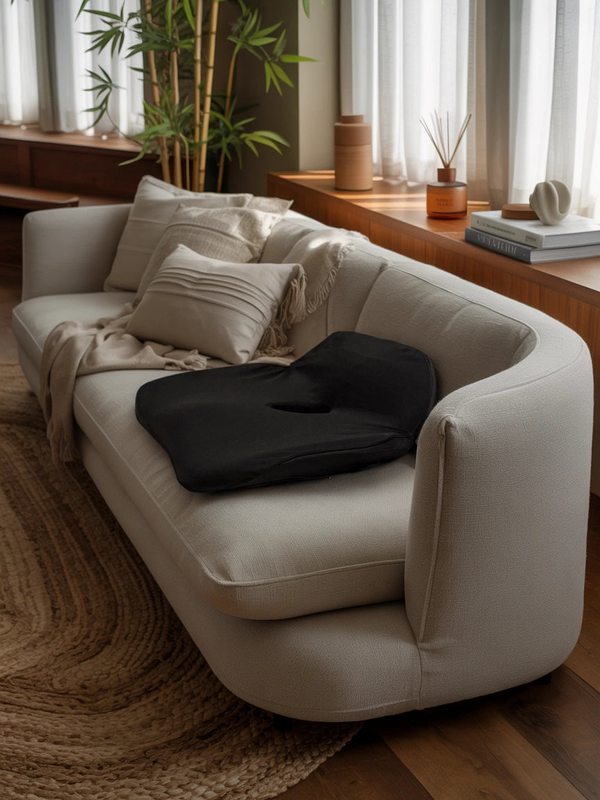 Beige sofa with a black posture (seat) cushion, Soothe, in a living room setting