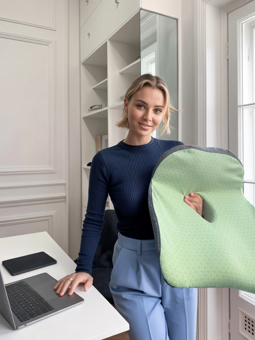 Woman holding a green seat cushion (posture cushion) -Soothe- in an office setting